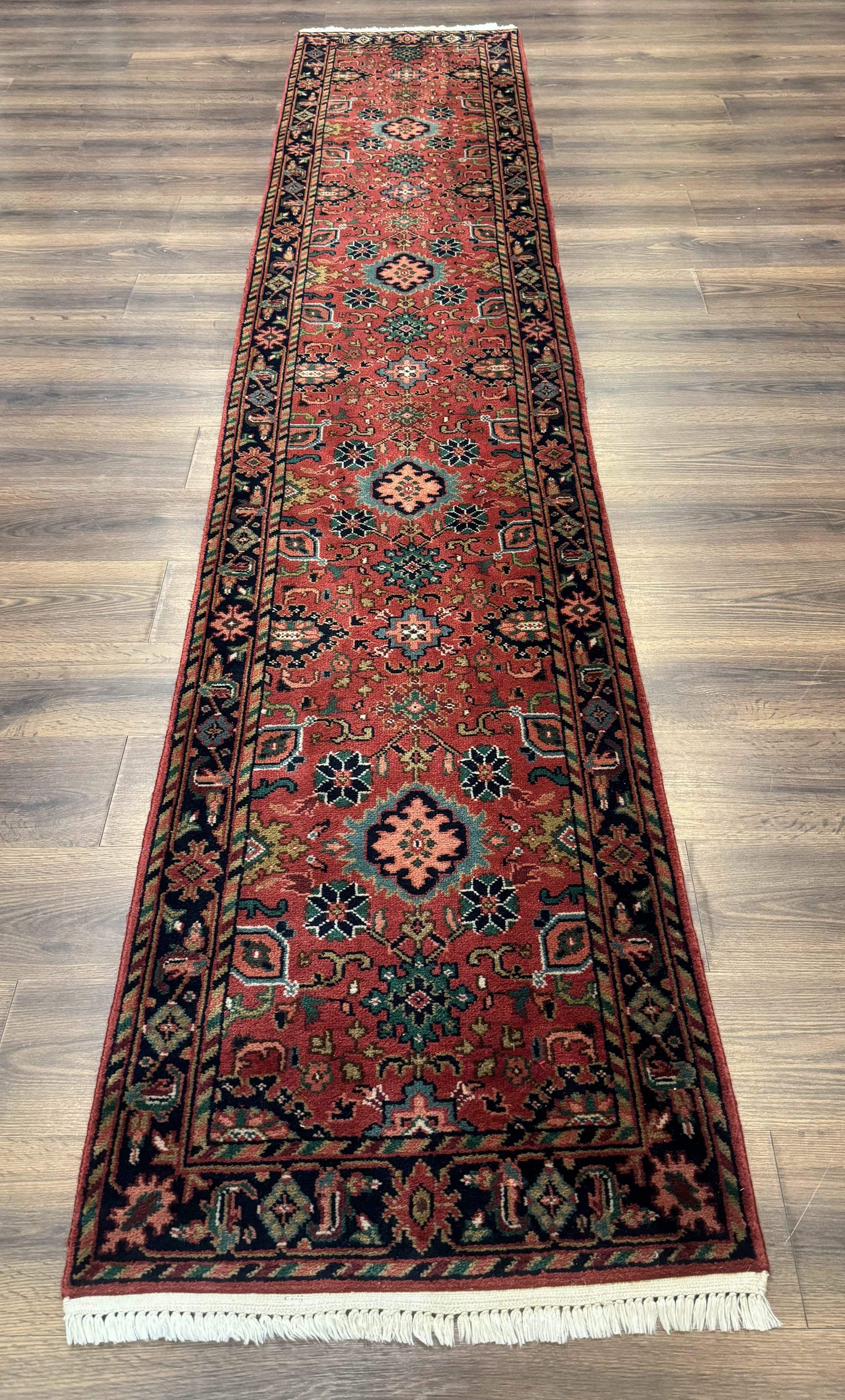 Indo Persian Heriz Runner Rug 2x12 Hand Knotted Wool Hallway Rug Red And Black