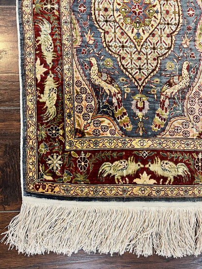 Silk Turkish Hereke Rug 2x3 Peacocks Birds Hand Knotted by Master Weaver 550 KPSI Animal Pictorial