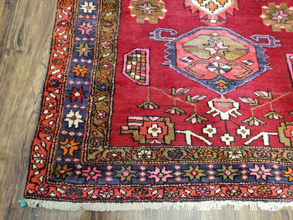 Persian Karajeh Runner Rug Antique Hand Knotted Wool 4.4 By 11 Ft Red Geometric Medallion