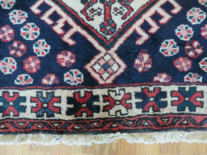 Persian Runner Rug 3.5 x 10.7 Navy Blue Karajeh Heriz Wool Geometric Medallions
