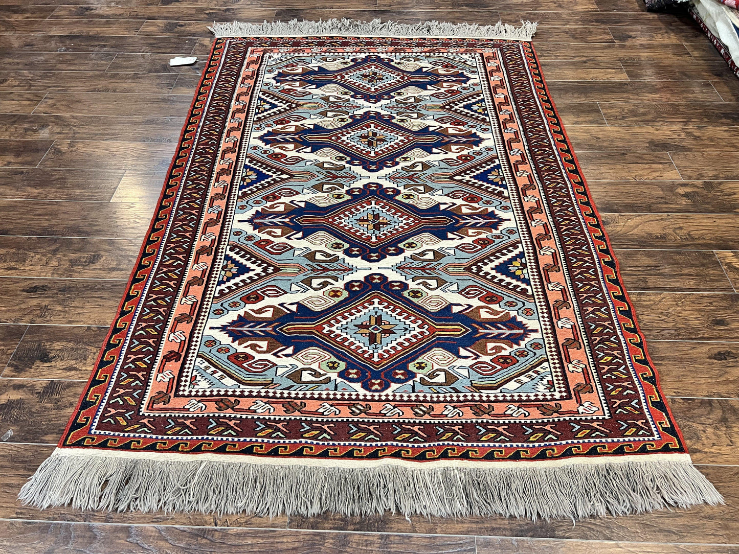 Russian Soumak Rug 6x8 Wool Handmade Antique Kilim Carpet Multicolor Geometric Medallions Caucasian Rug