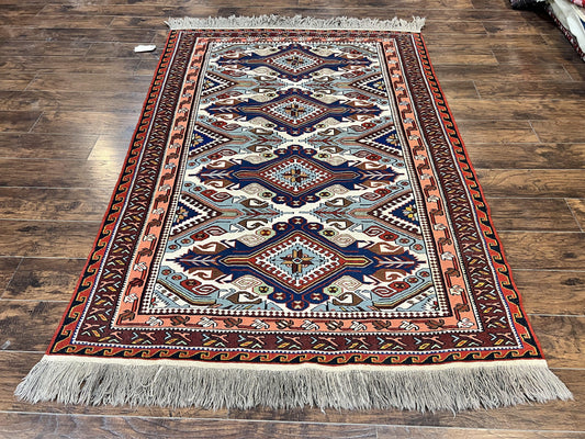 Russian Soumak Rug 6x8 Wool Handmade Antique Kilim Carpet Multicolor Geometric Medallions Caucasian Rug