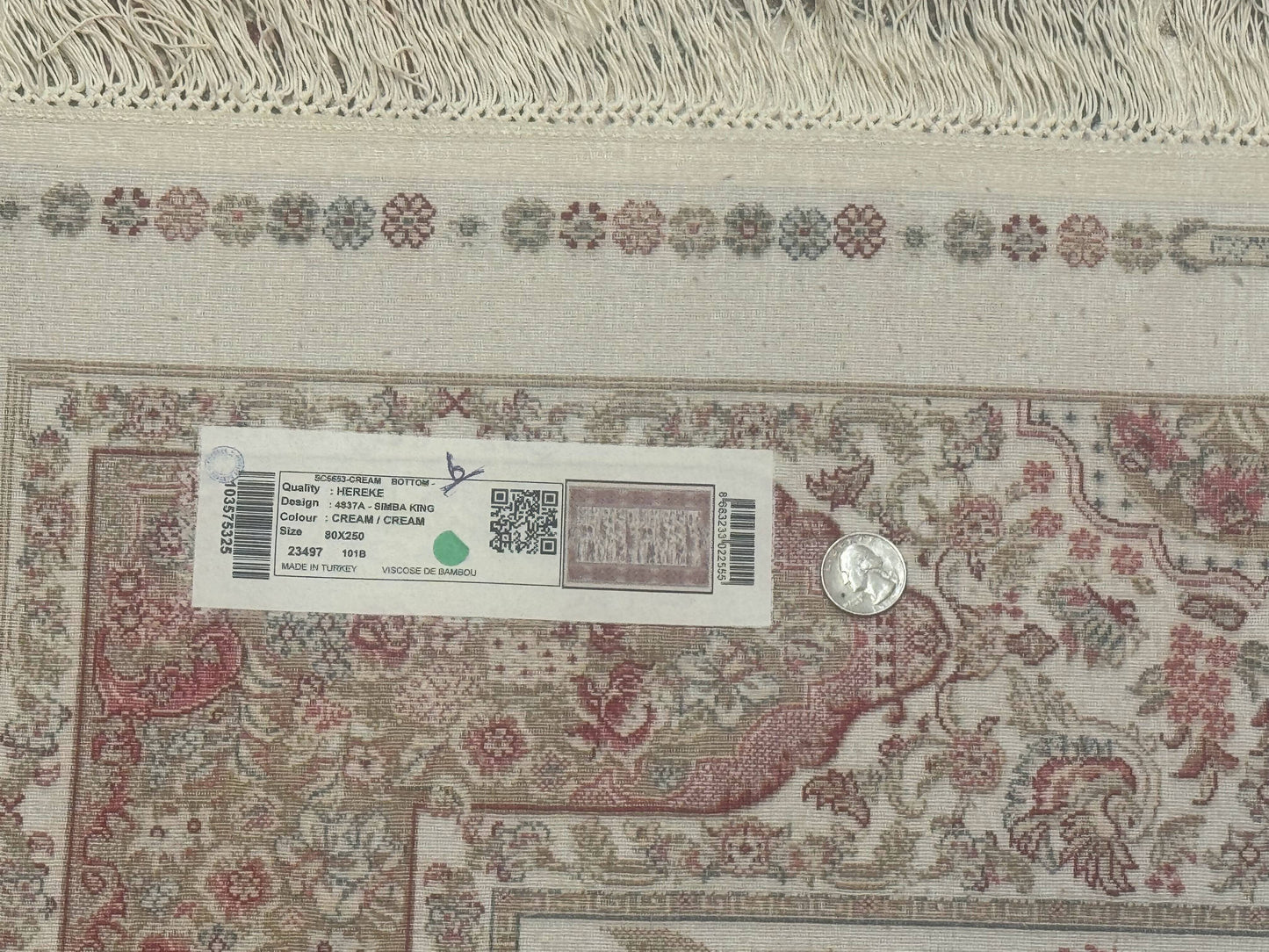 Turkish Silk Runner Rug 2.6 x 8 Ivory Bamboo Silk Hunting Design