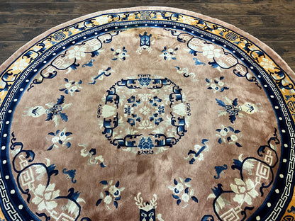 Antique Round Chinese Wool Rug 8x8 Feet Hand Knotted Peking Carpet Oriental Art Deco