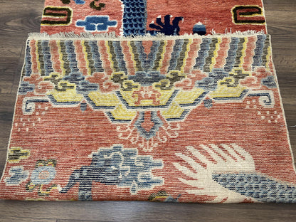 Ningxia Pillar Rug Hand Knotted Wool Carpet Five Clawed Dragon Border Late Qing Dynasty 3x8 Collectible
