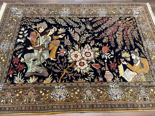 Persian Qum Pictorial Rug With Layla Majnun Birds In Garden Scene 4.8 By 6.5