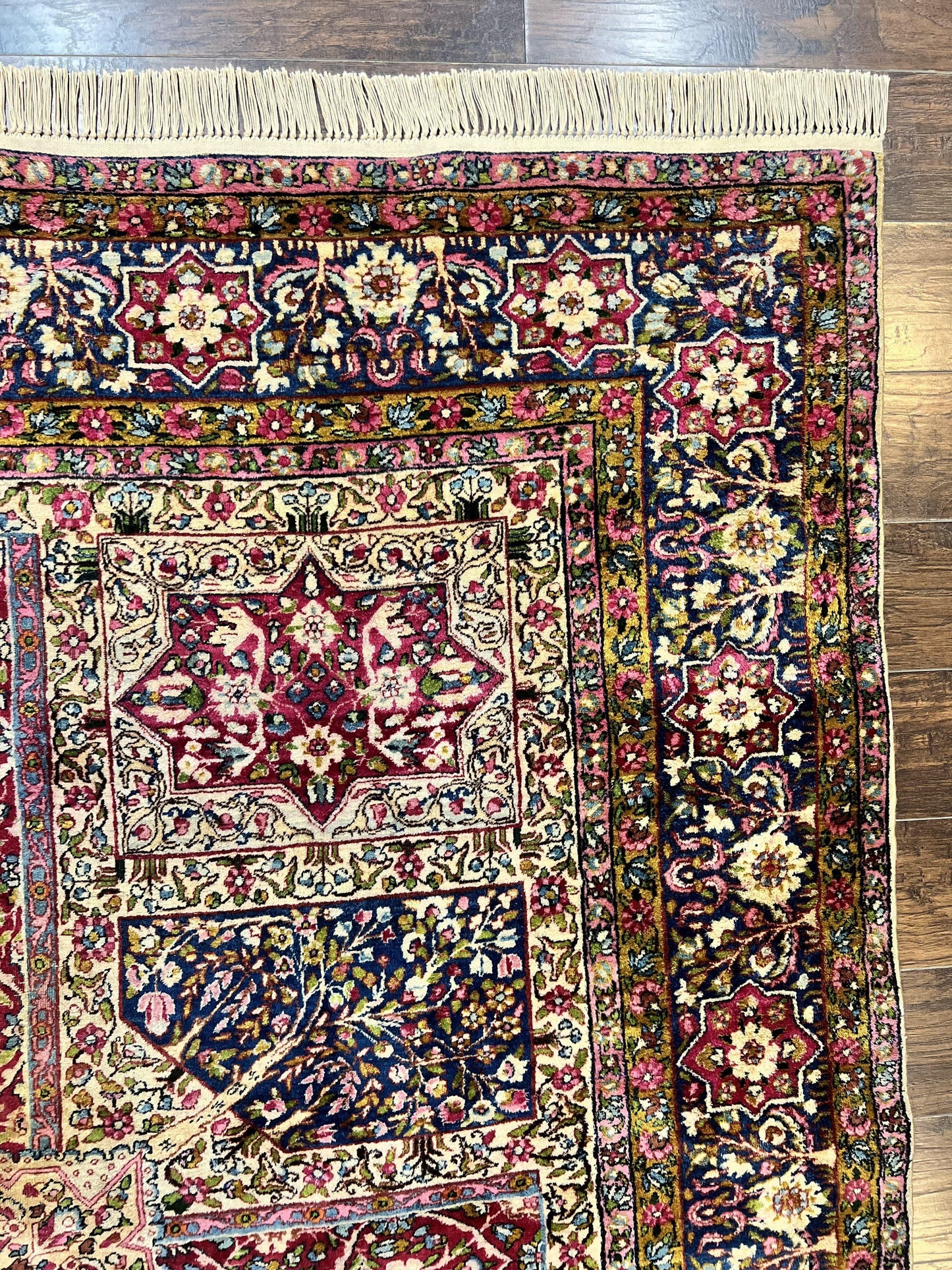 Persian Kirman Lavar Rug 8x9 Handmade Wool Carpet With Antique Floral Garden Panel Design