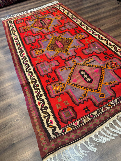 Persian Kurdish Zarand Kilim Rug 5x9 Runner With Red Field And Geometric Medallions