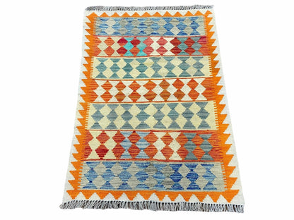 Chobi Kilim Rug 3x4 Colorful Diamond Pattern Turkish Wool Flatweave Handmade