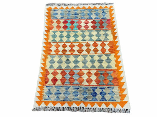 Chobi Kilim Rug 3x4 Colorful Diamond Pattern Turkish Wool Flatweave Handmade