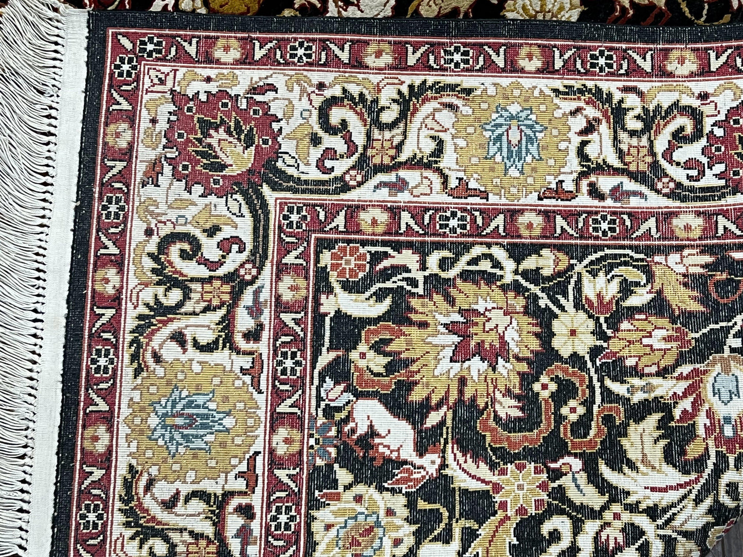 Sino Persian Silk Rug 3x5 Vintage Hand Knotted Carpet Black Ivory Gold With Floral And Animal Motifs