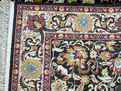 Sino Persian Silk Rug 3x5 Vintage Hand Knotted Carpet Black Ivory Gold With Floral And Animal Motifs