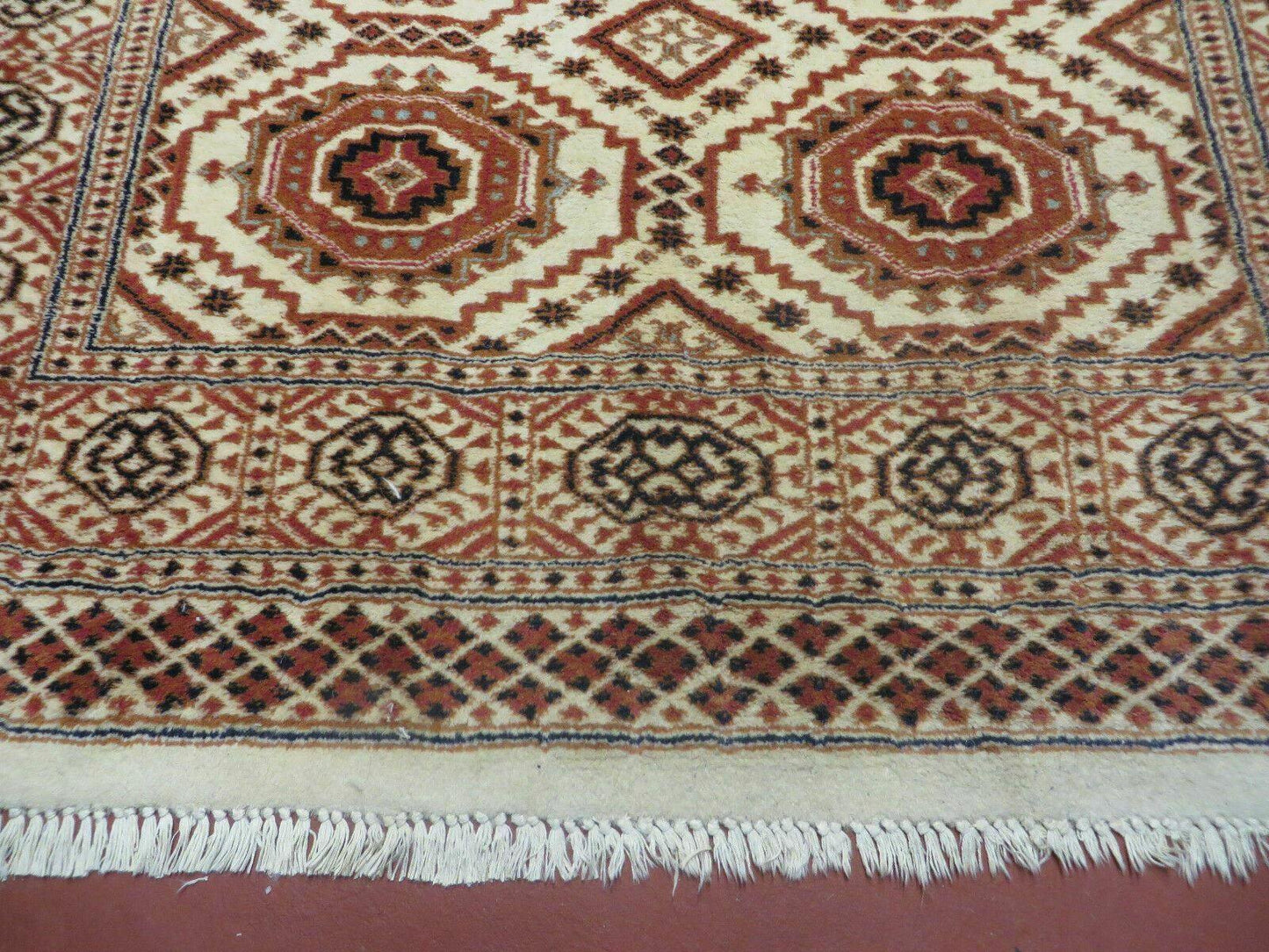 Vintage Turkoman Bokhara Wool Rug 4x7 Handmade Pakistani Ivory