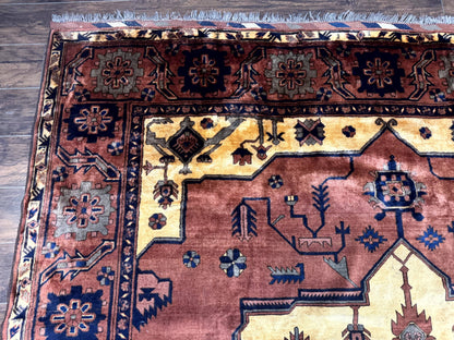 Afghan Heriz Rug 9x12 Vintage Hand Knotted Wool Carpet Tribal Geometric Serapi Rust Cream Navy