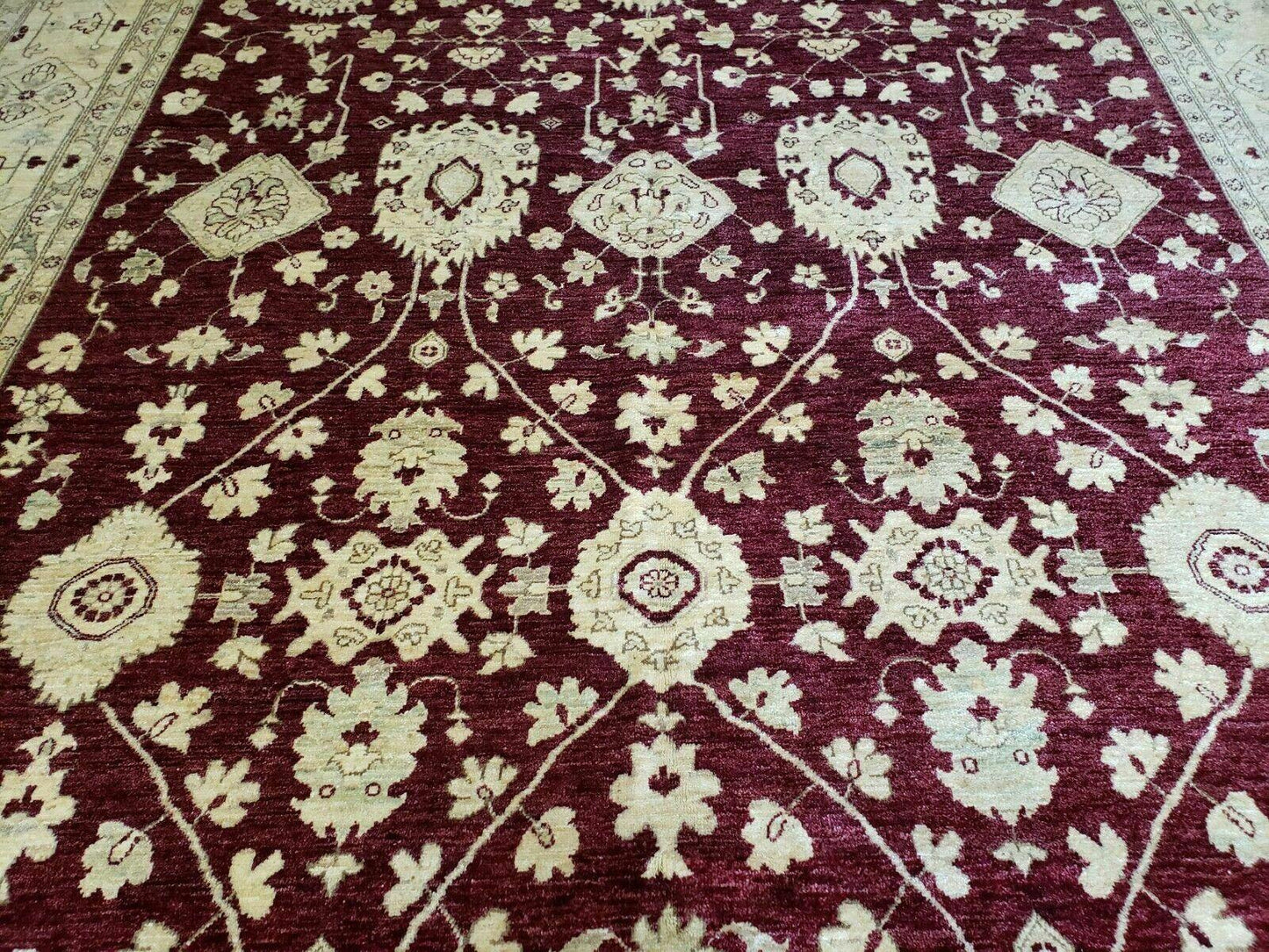 Peshawar Rug Pakistani Handmade Floral Carpet 9ft10in X 14ft1in Maroon Beige