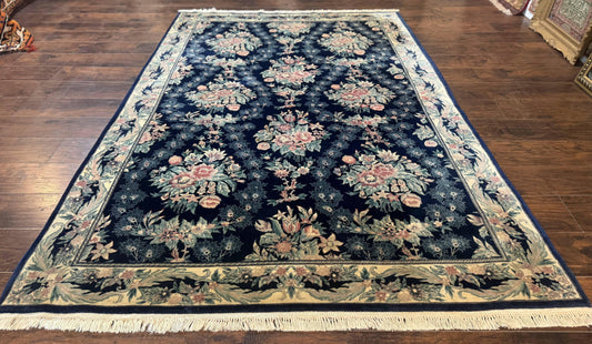 Sino Persian Rug 6x9 Navy Blue Floral Handwoven Wool Area Rug Vintage