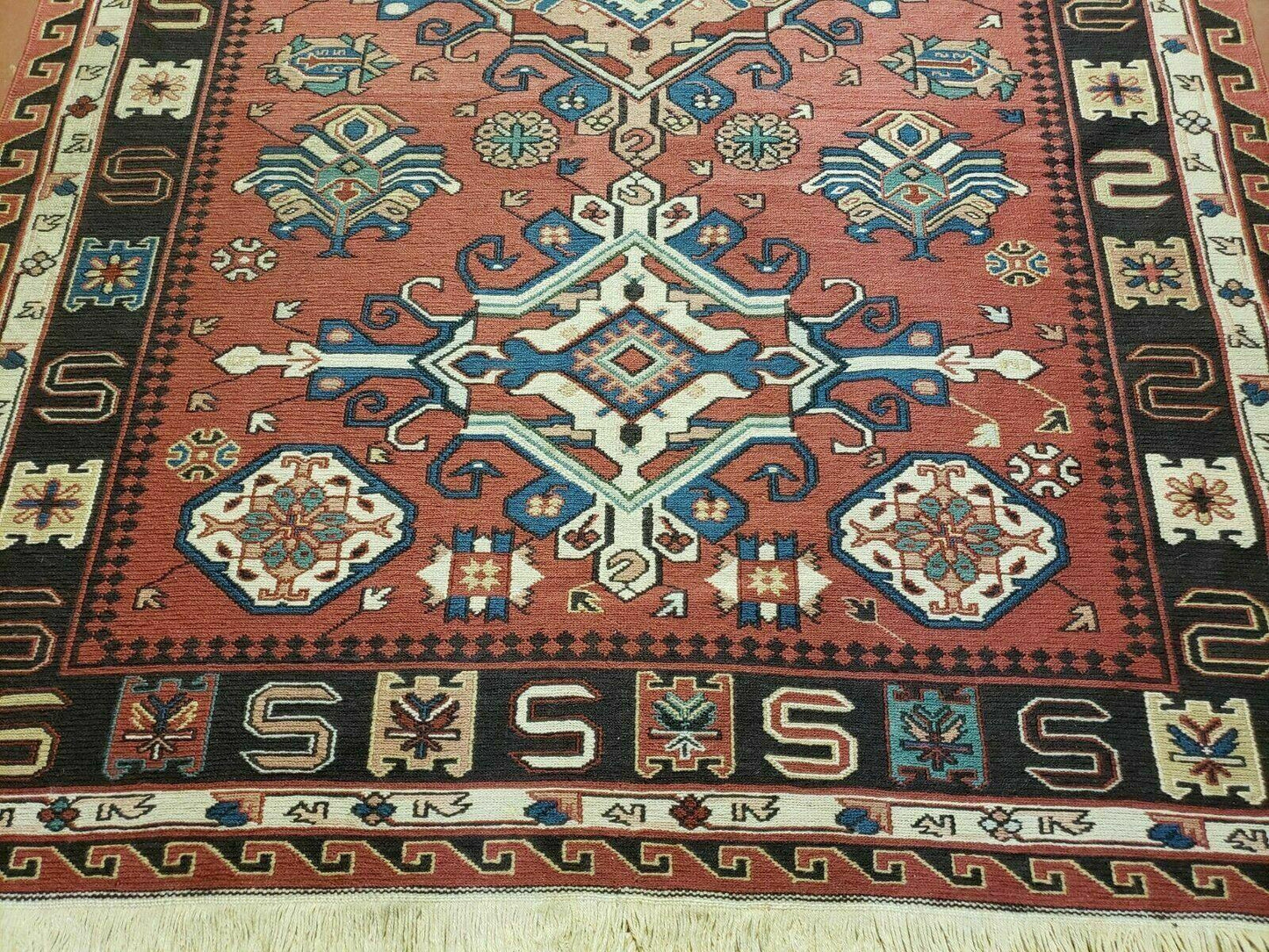 Vintage Russian Kilim Rug Soumak Flat Weave Wool 4x6 Caucasian Handmade 1980s