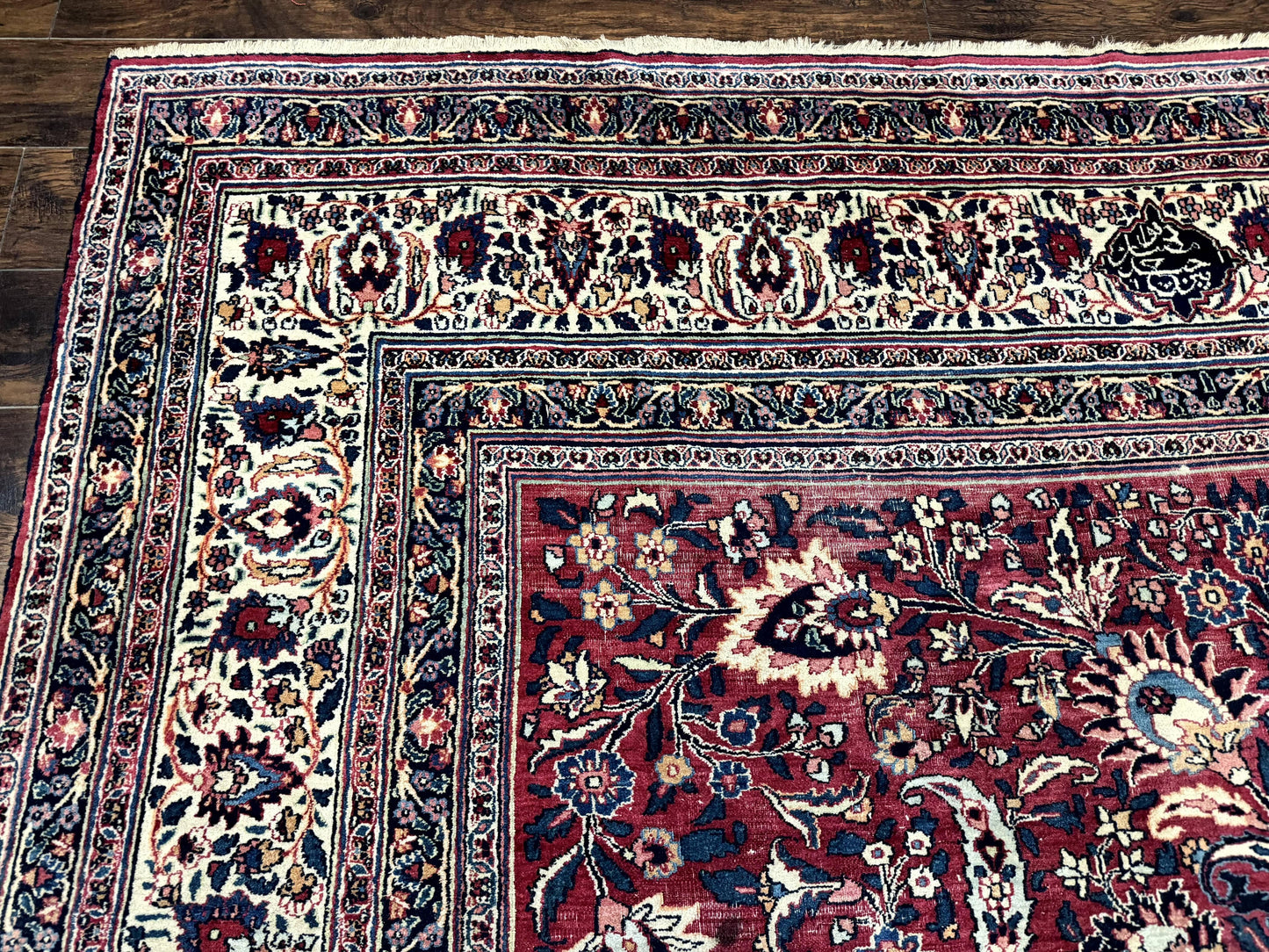 Antique Persian Mashad Rug 10x12 Hand Knotted Signed By Master Weaver Red Ivory Wool