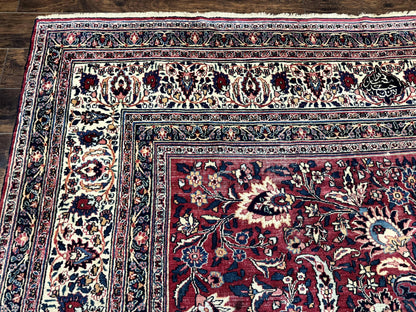 Antique Persian Mashad Rug 10x12 Hand Knotted Signed By Master Weaver Red Ivory Wool