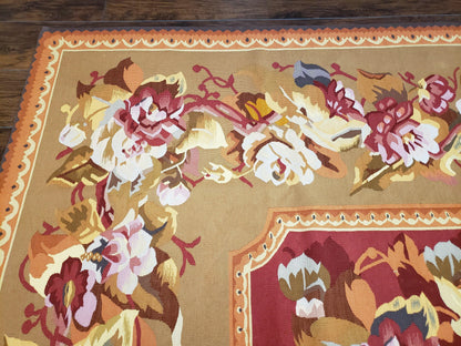 Vintage Handwoven Wool Aubusson Savonnerie Rug 9x14 Red Khaki Floral Design