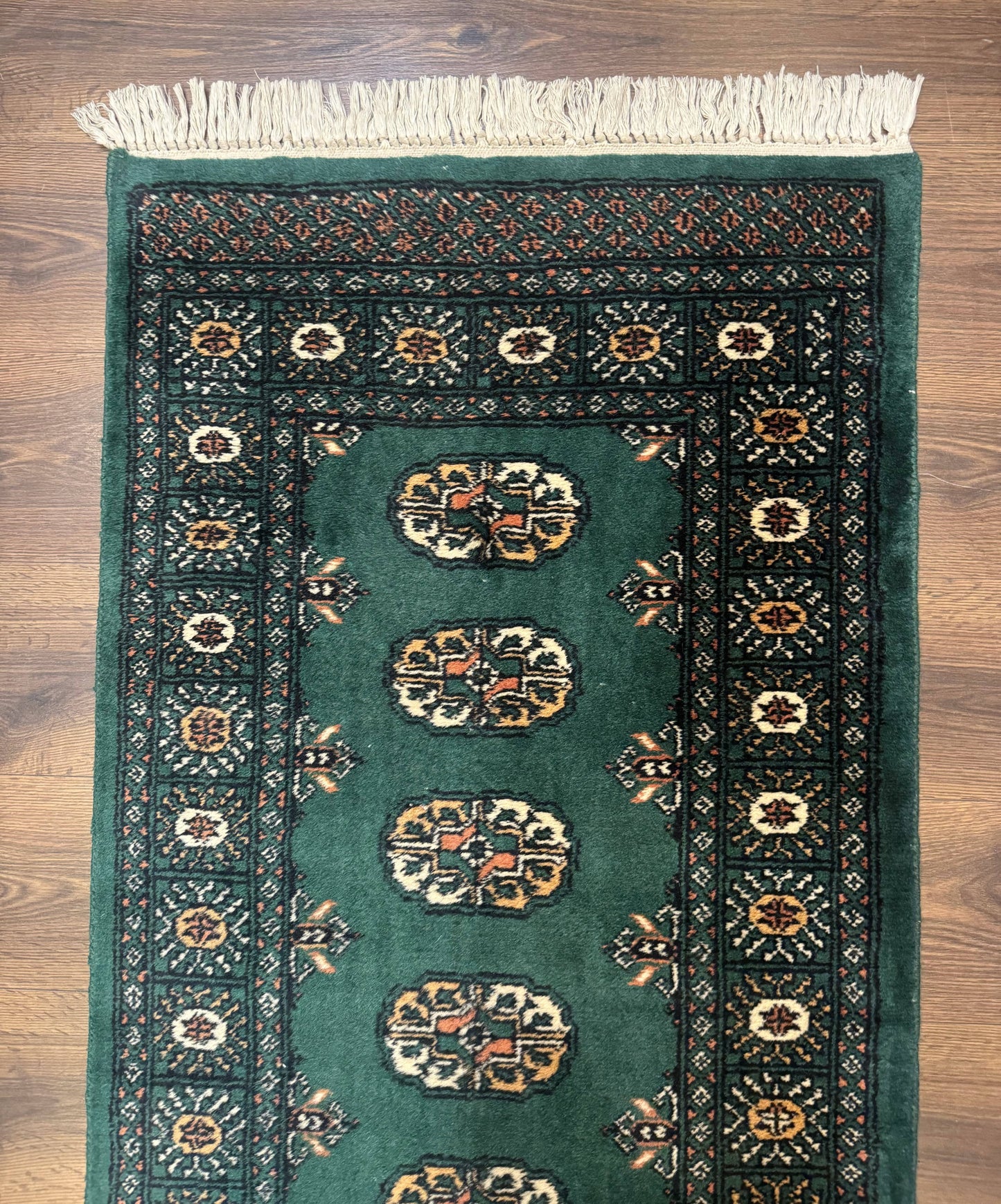 Pakistani Bokhara Runner Rug 2.5x11 Green Wool Hand Knotted Hallway Rug