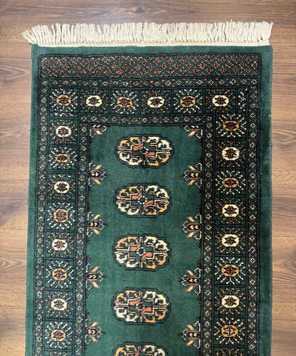 Pakistani Bokhara Runner Rug 2.5x11 Green Wool Hand Knotted Hallway Rug
