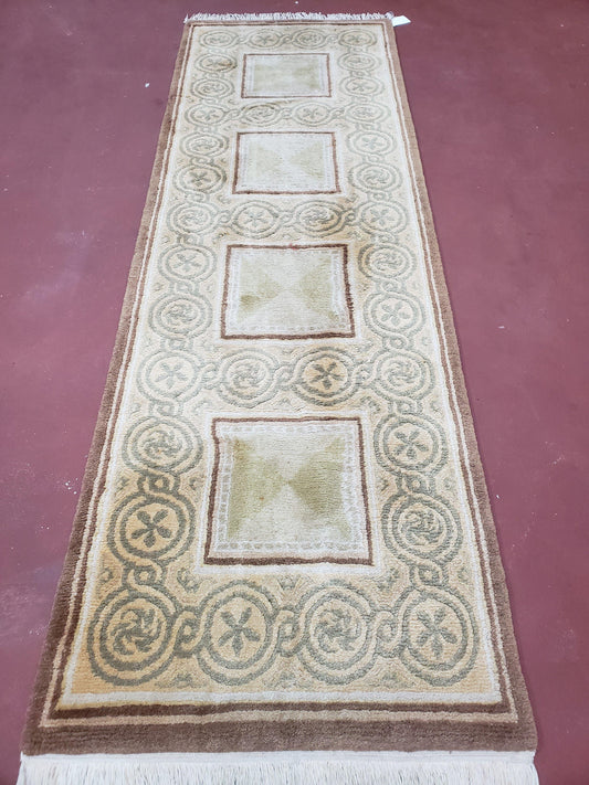 Tibetan Runner Rug Hand Knotted Wool Vintage Cream Brown Hallway Corridor Carpet