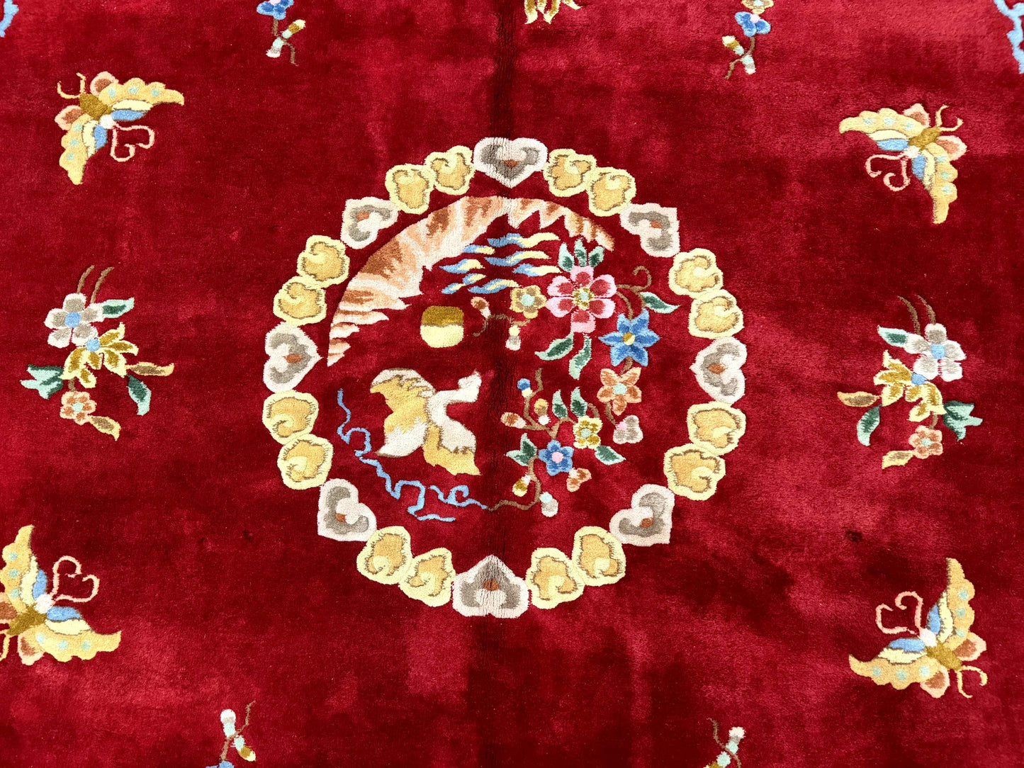 Indo Chinese Wool Rug 9x12 Vintage Red Art Deco Hand Knotted