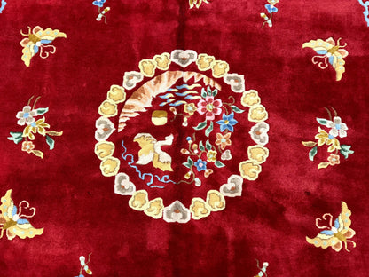 Indo Chinese Wool Rug 9x12 Vintage Red Art Deco Hand Knotted