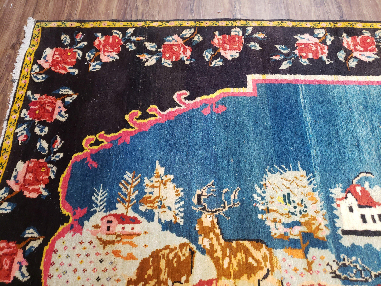Antique Persian Pictorial Rug Hand Knotted Wool Carpet 4ft 6in By 9ft Blue Roses Caucasian