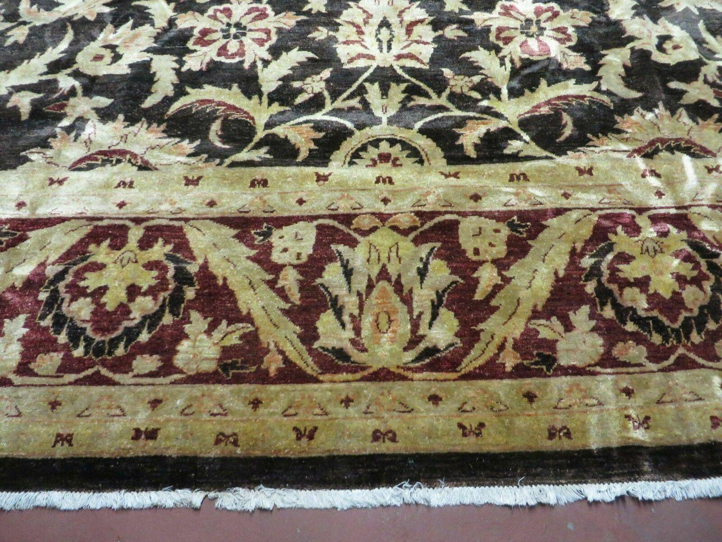 Vintage Indian Agra Hand Knotted Wool Rug 11x15 Floral Dark Brown