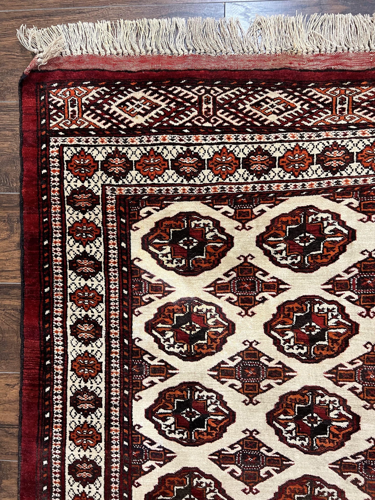 Persian Turkoman Rug Yamud 7x8 Hand Knotted Cream Red Bohemian Tribal Carpet