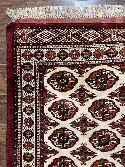 Persian Turkoman Rug Yamud 7x8 Hand Knotted Cream Red Bohemian Tribal Carpet