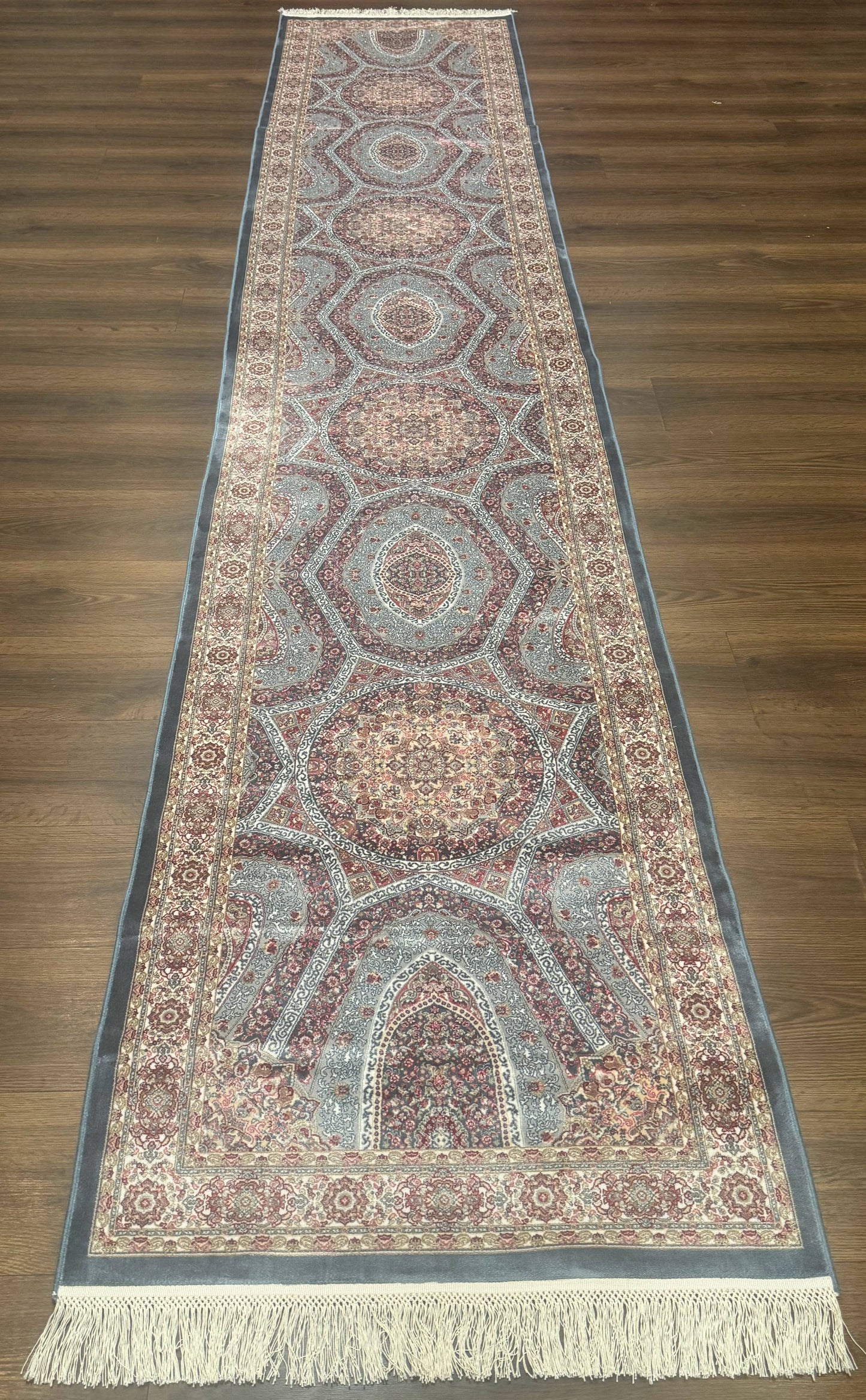 Turkish Silk Runner Rug 2.6 x 13 Blue Dome Design Bamboo Silk New