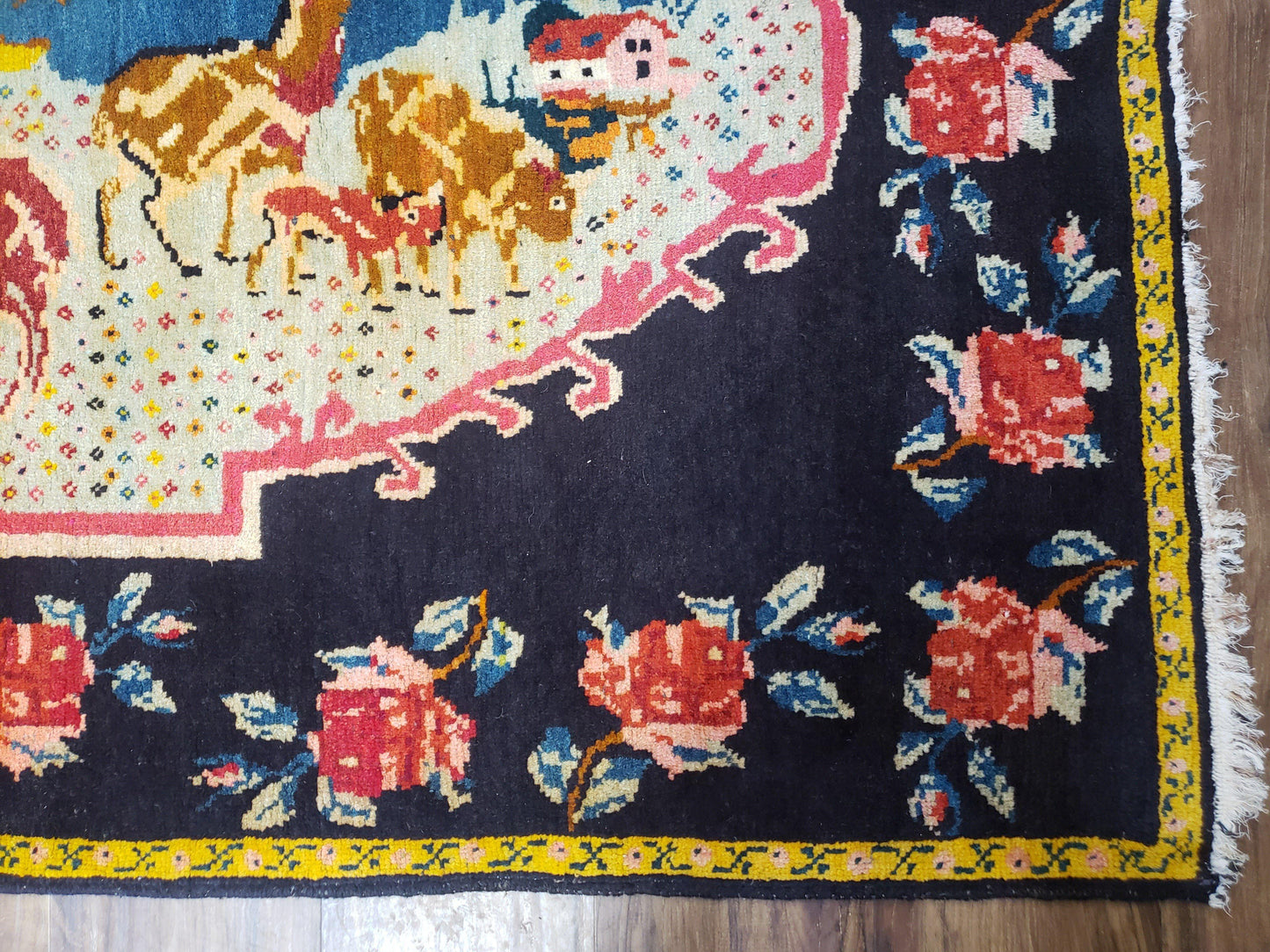 Antique Persian Pictorial Rug Hand Knotted Wool Carpet 4ft 6in By 9ft Blue Roses Caucasian