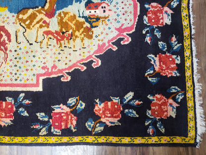 Antique Persian Pictorial Rug Hand Knotted Wool Carpet 4ft 6in By 9ft Blue Roses Caucasian