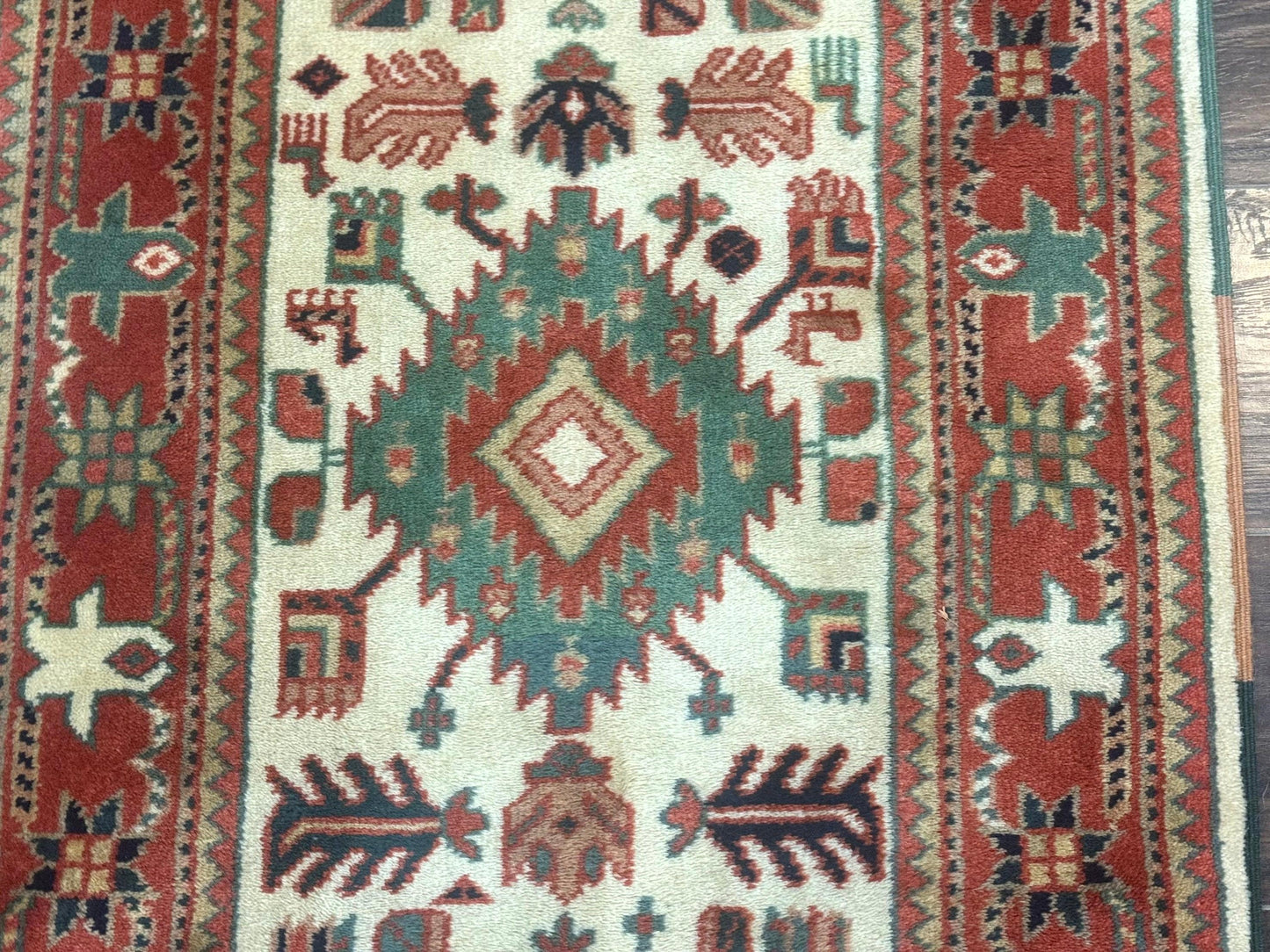 Turkish Runner Rug 2.4 By 8 Feet Kazak Geometric Heriz Pattern Beige And Red Hand Knotted Wool