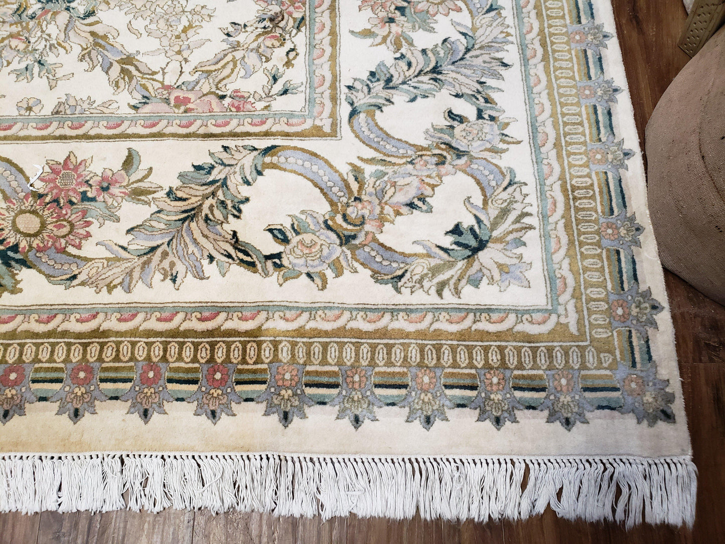 Pak Persian Floral Rug Hand Knotted Wool 11 x 12.6 Ivory Vintage
