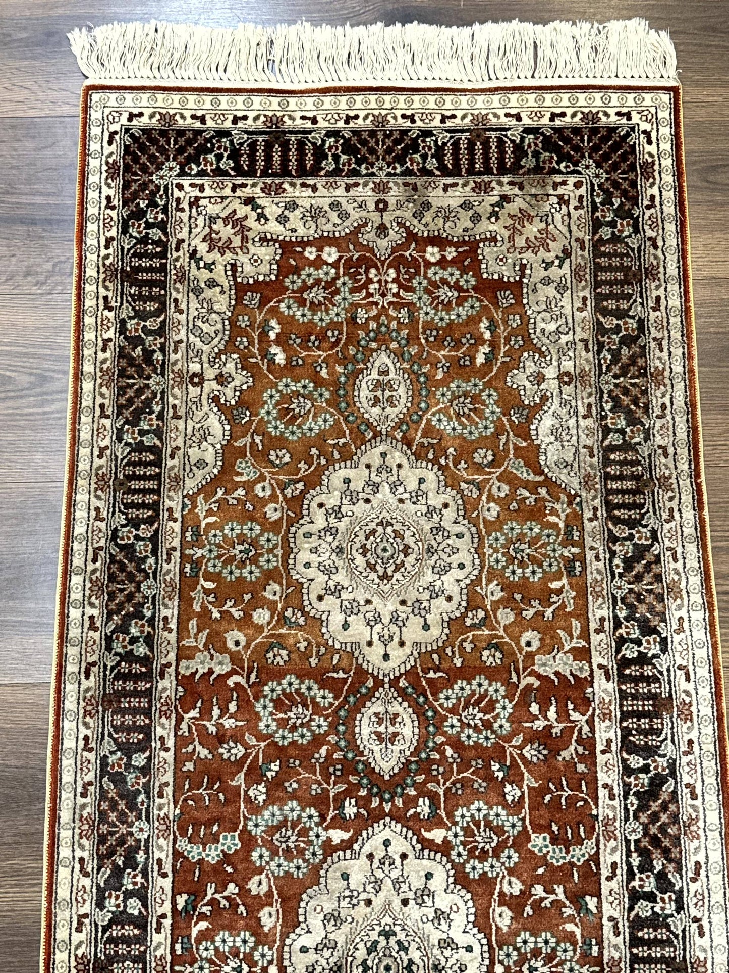 Turkish Silk Narrow Runner Rug 2 By 5.8 Handmade Floral Medallions Red