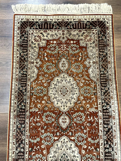 Turkish Silk Narrow Runner Rug 2 By 5.8 Handmade Floral Medallions Red