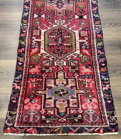 Persian Heriz Karajeh Runner Rug 2x9 With Bold Geometric Medallions In Red Navy