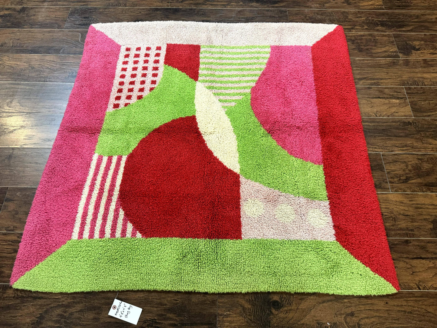 European Shag Rug 4.8 x 4.8 Modern Abstract Loomed Wool Square Rug In Green Pink Red
