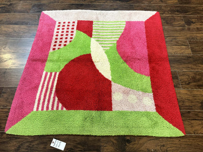 European Shag Rug 4.8 x 4.8 Modern Abstract Loomed Wool Square Rug In Green Pink Red