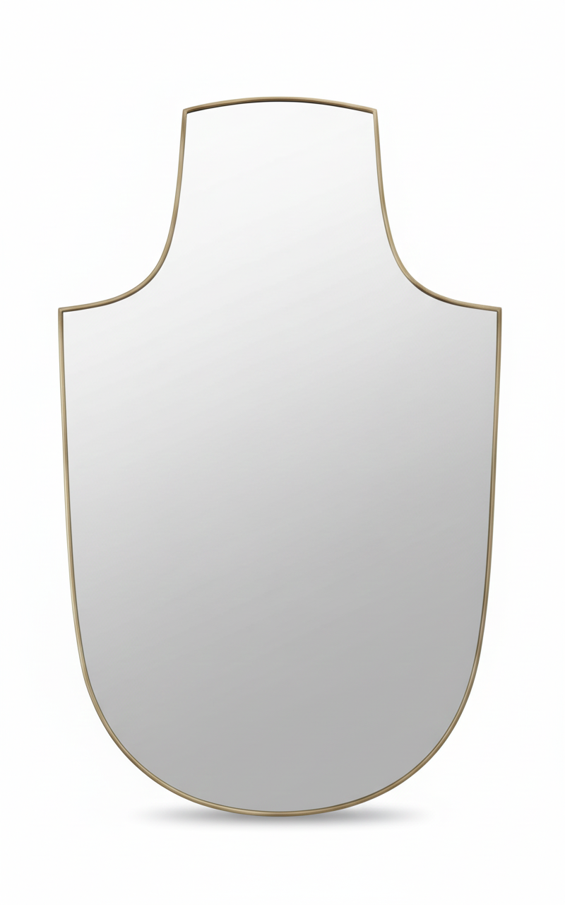 Arch-top shield brass mirror on white background
