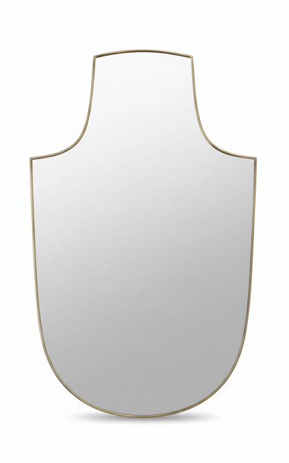 Arch-top shield brass mirror on white background