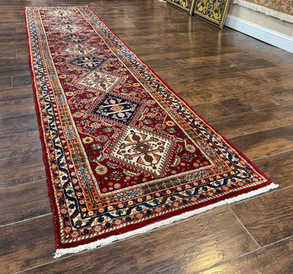 Persian Qashqai Runner Rug 3x13 Wool Hand Knotted Red Ivory Blue Geometric Medallions