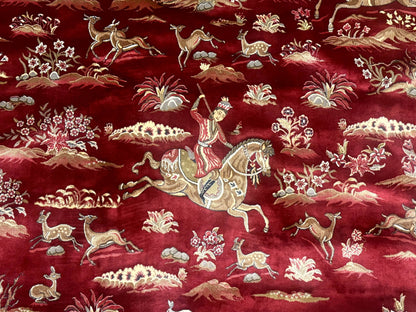 Turkish Silk Rug 8x8 Round Hunting Scene Bamboo Silk Dark Red Ivory