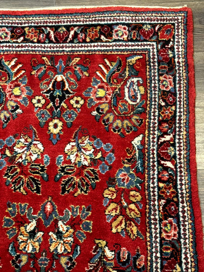 Persian Sarouk Runner Rug 3x12 Vintage Wool Red Floral Design