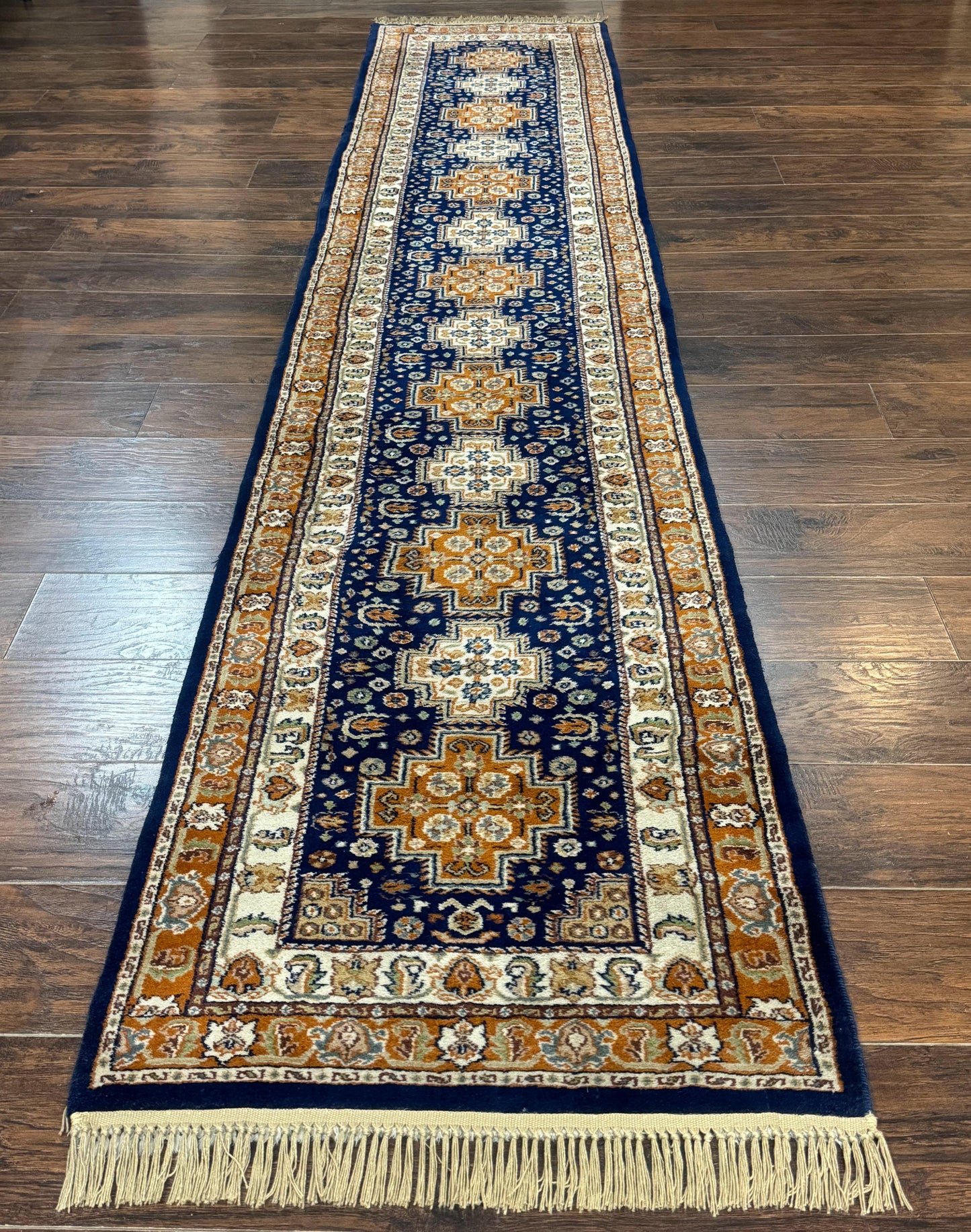 Indo Persian Kashmiri Wool Runner Rug 2.6x12.7 Navy Blue Geometric Medallions Handmade