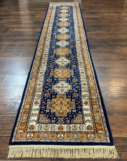 Indo Persian Kashmiri Wool Runner Rug 2.6x12.7 Navy Blue Geometric Medallions Handmade